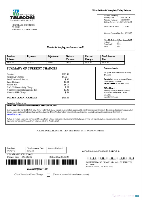 Download USA Waitsfield Telecom business utility bill template in Word and PDF formats Photoshop template